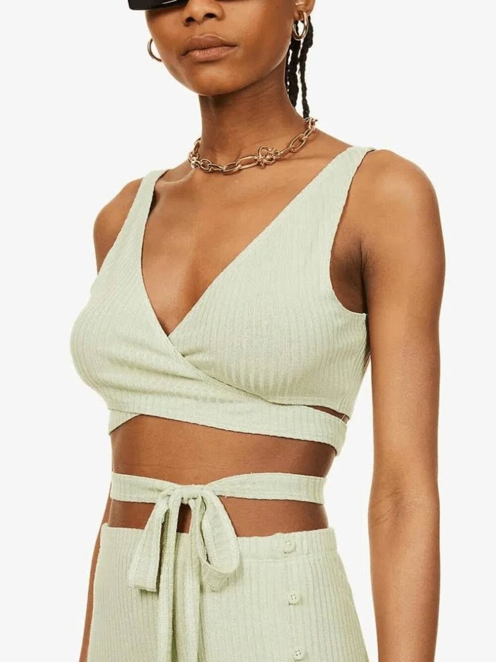 Reformation Jonny Light Green Ribbed Wrap Top Plunge Tie